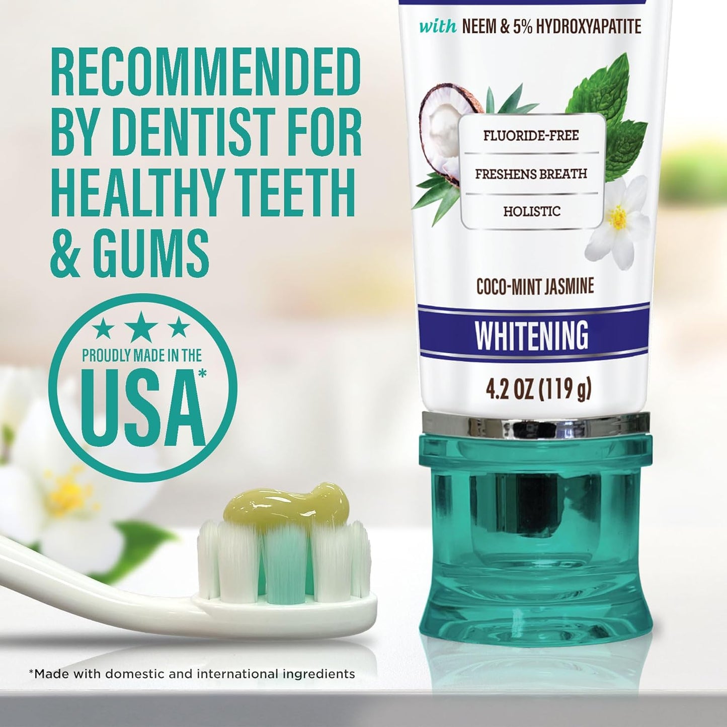 Revitalize Your Smile with Hydroxyapatite Toothpaste - Whitening Formula with Neem & Xylitol, SLS & Fluoride Free, Includes Tongue Scraper & Squeezer - Fresh Cocomint Jasmine Flavor, 4.2 Oz