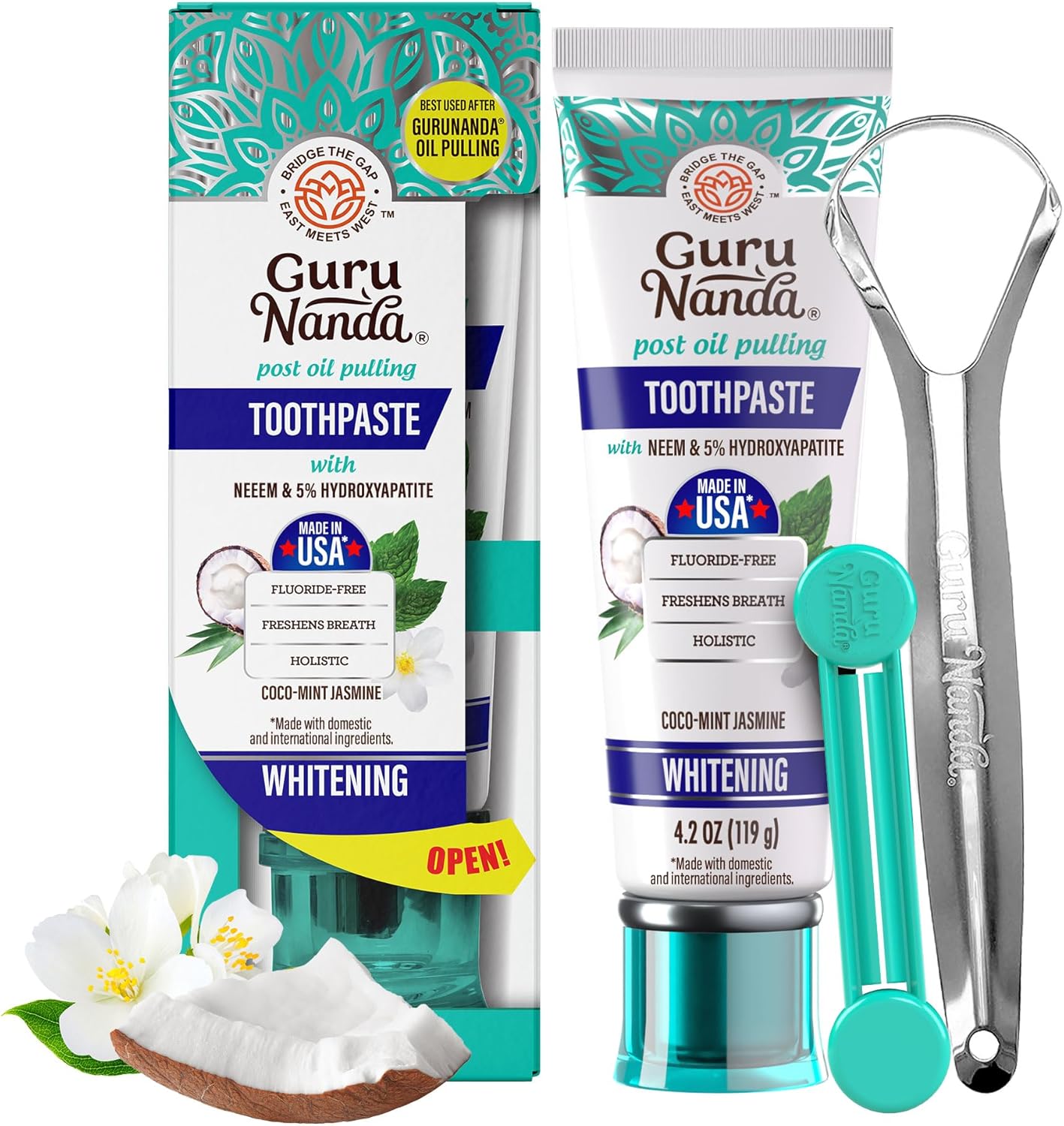 Revitalize Your Smile with Hydroxyapatite Toothpaste - Whitening Formula with Neem & Xylitol, SLS & Fluoride Free, Includes Tongue Scraper & Squeezer - Fresh Cocomint Jasmine Flavor, 4.2 Oz