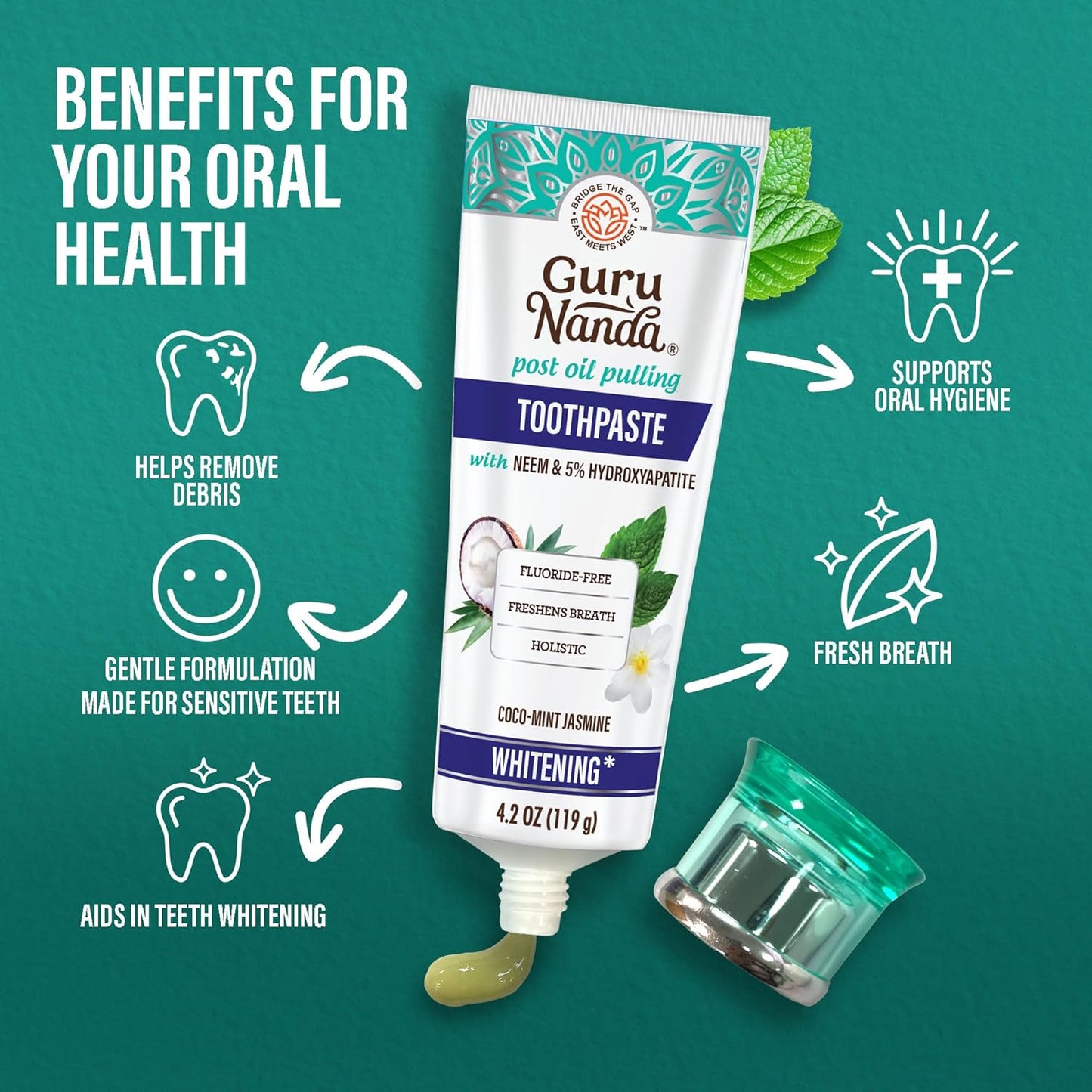 Revitalize Your Smile with Hydroxyapatite Toothpaste - Whitening Formula with Neem & Xylitol, SLS & Fluoride Free, Includes Tongue Scraper & Squeezer - Fresh Cocomint Jasmine Flavor, 4.2 Oz