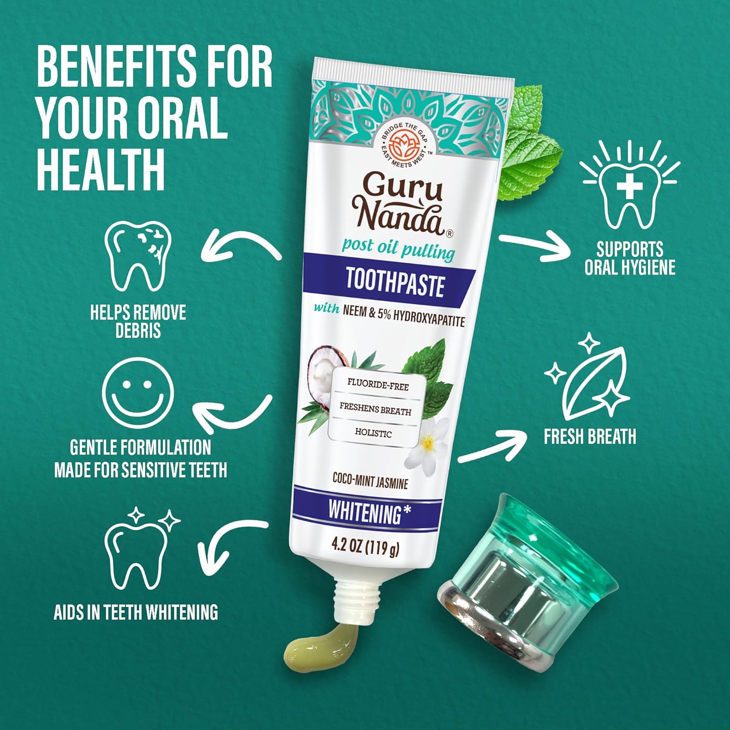 Revitalize Your Smile with Hydroxyapatite Toothpaste - Whitening Formula with Neem & Xylitol, SLS & Fluoride Free, Includes Tongue Scraper & Squeezer - Fresh Cocomint Jasmine Flavor, 4.2 Oz