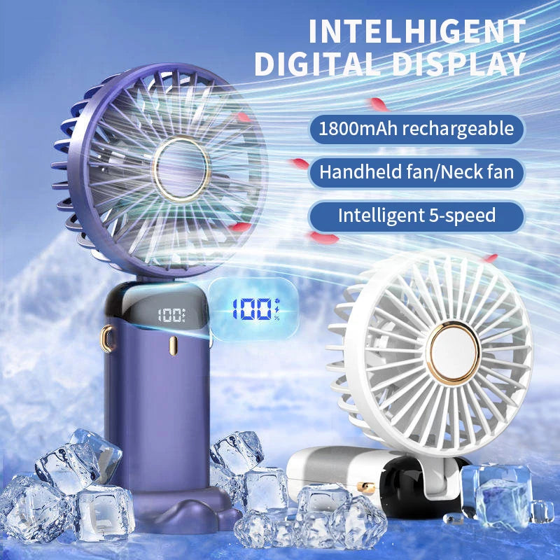 Stay Cool Anywhere: Versatile 5-Speed Portable Handheld Mini Fan with Phone Stand and LED Display